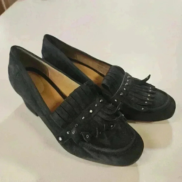 Franco Sarto Lauryn Black Suede Leather Tassel  Stud Block Heel Size 9 - Picture 3 of 11